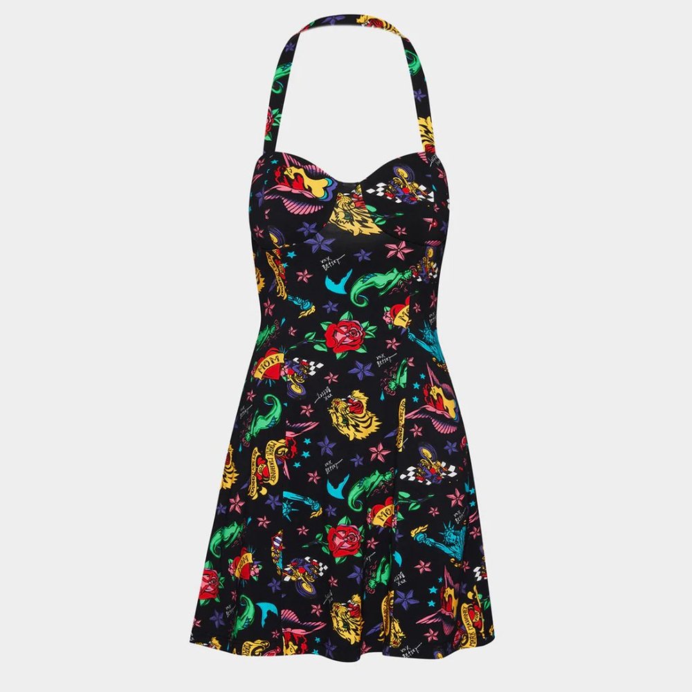 Betsey Johnson 80th Bash Tattoo Sweetheart Halter Trapeze Dress, Size XXL NWT - Picture 3 of 7